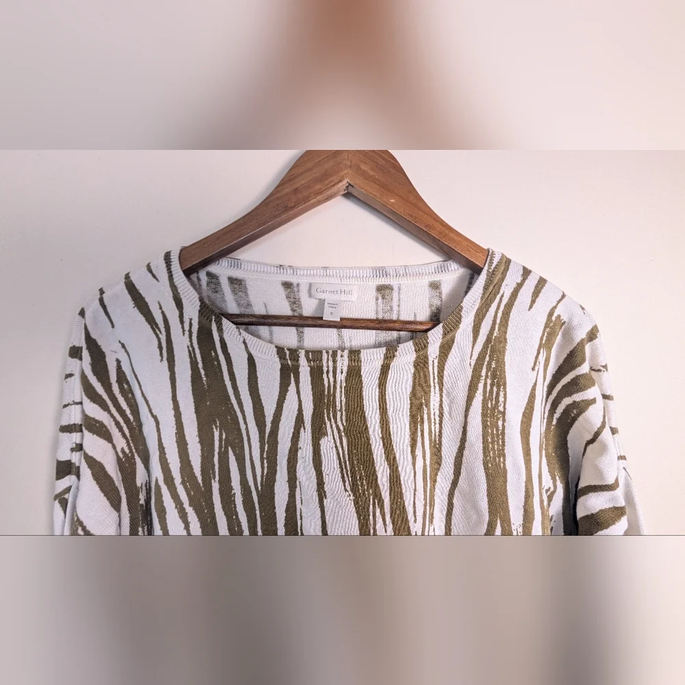 Garnett Hill Feathered Waves Brown & White Silk Cotton Knit Pullover Sweater - Picture 2 of 8